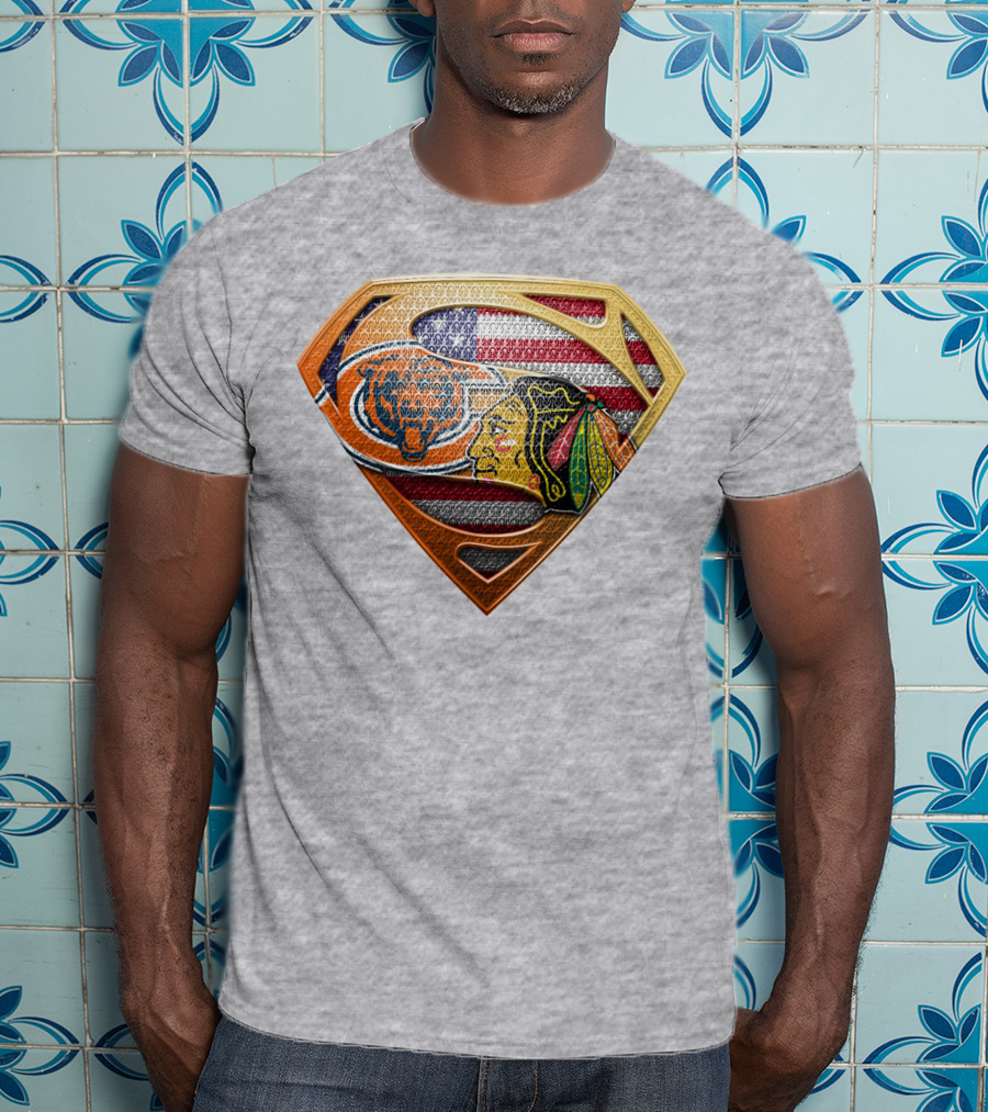 Chicago Bears Blackhawks American Flag Superman T-Shirt