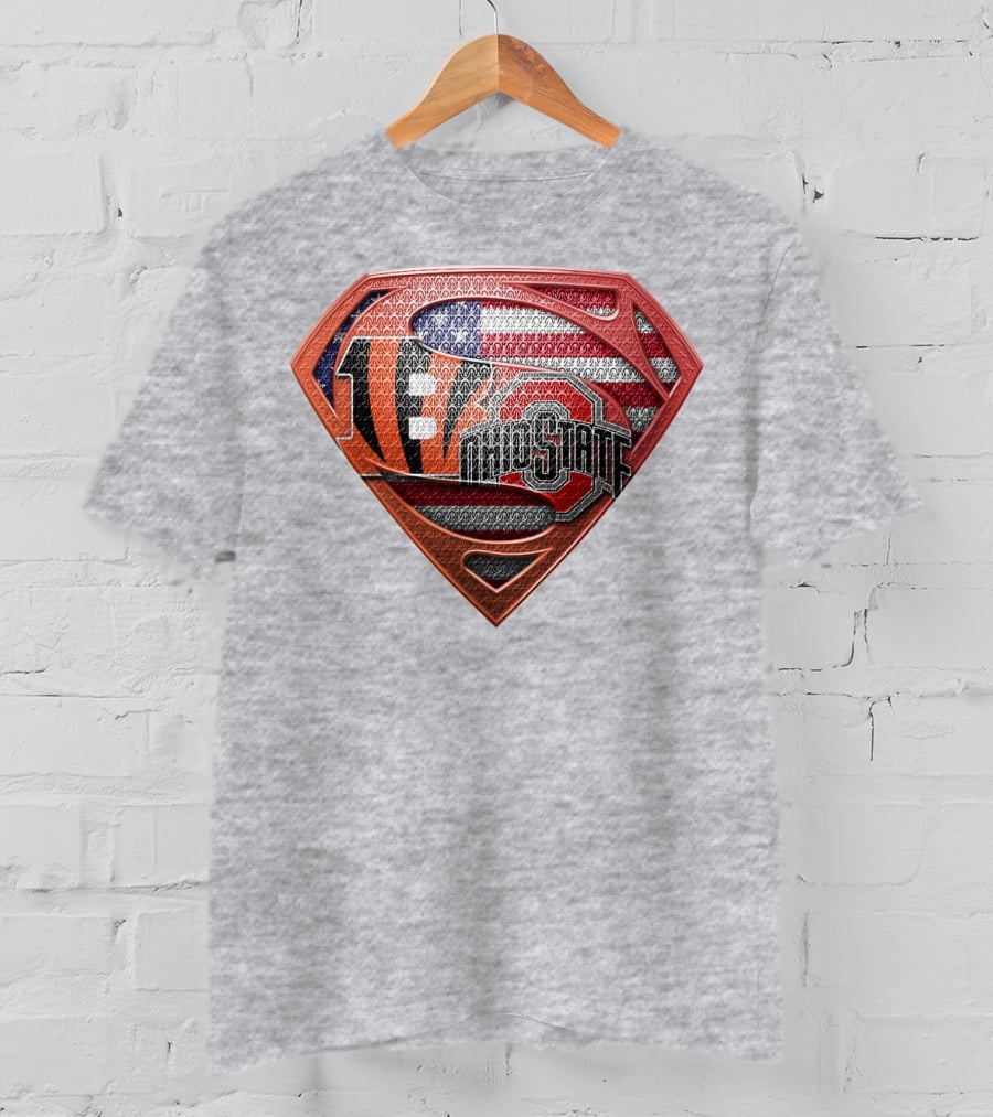 Superman Shield With Cincinnati Bengals Tiger Stripes Ohio State Logo And American Flag T-Shirt