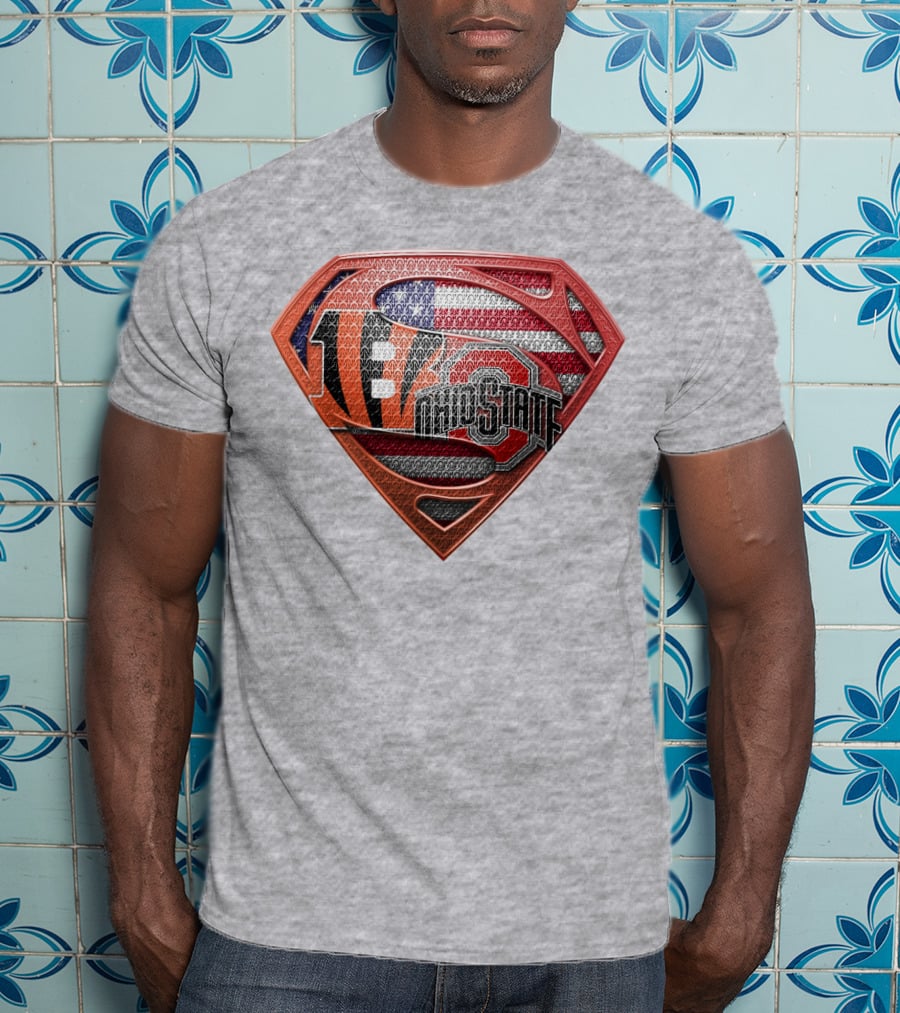 Superman Shield With Cincinnati Bengals Tiger Stripes Ohio State Logo And American Flag T-Shirt