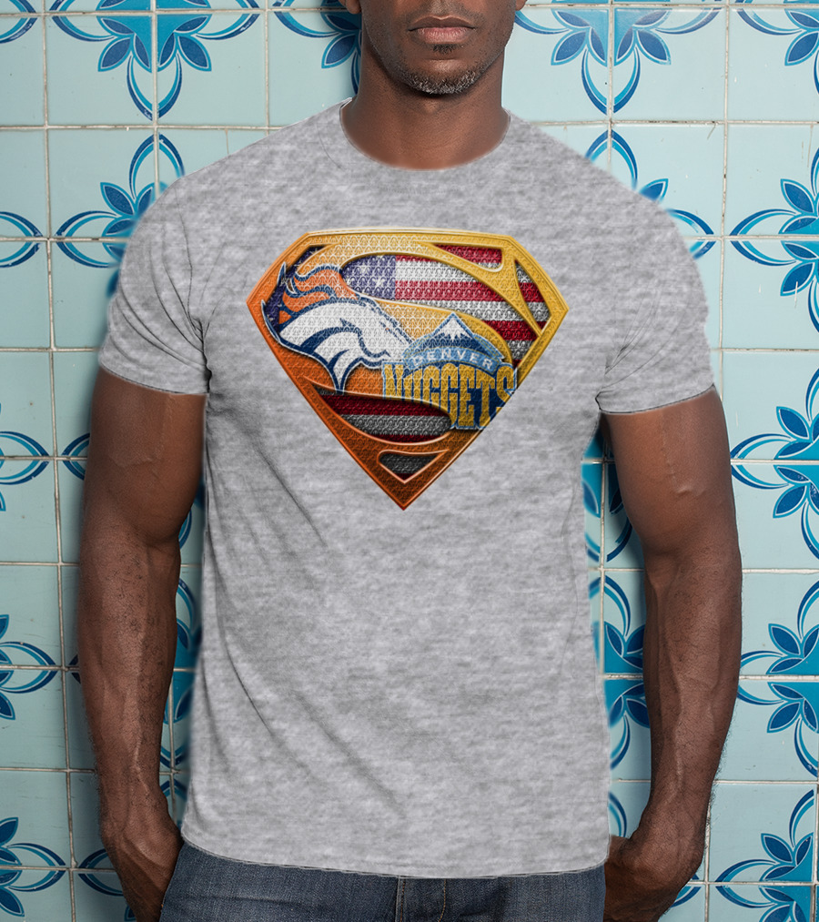 Denver Nuggets Broncos American Flag Super Hero Shield T-Shirt