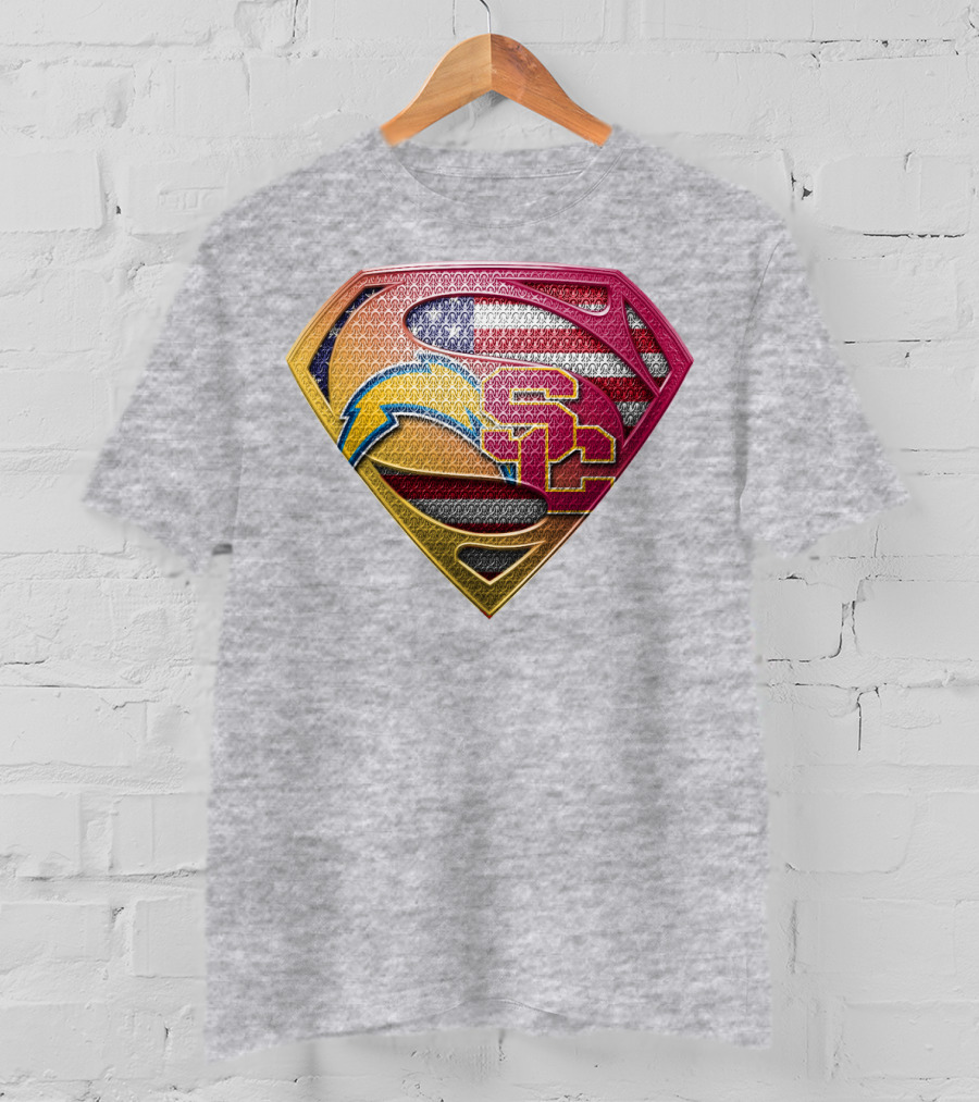 Superman Chargers Trojans American Flag Emblem On Gray T-Shirt