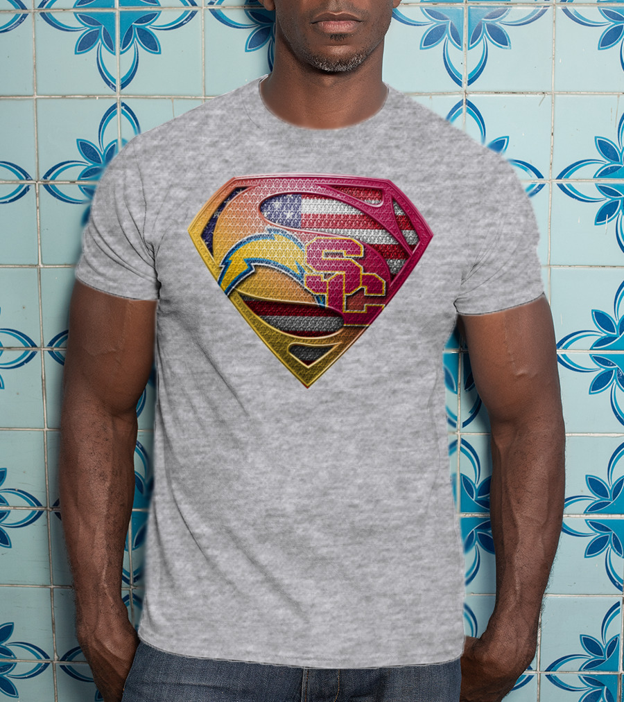 Superman Chargers Trojans American Flag Emblem On Gray T-Shirt