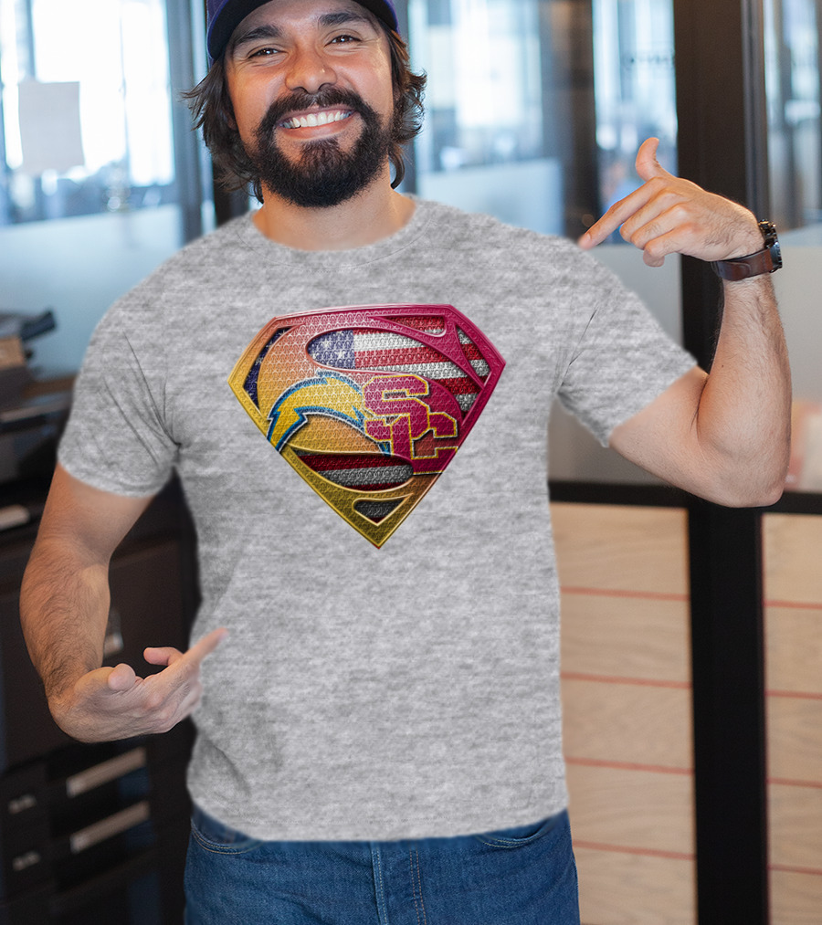 Superman Chargers Trojans American Flag Emblem On Gray T-Shirt