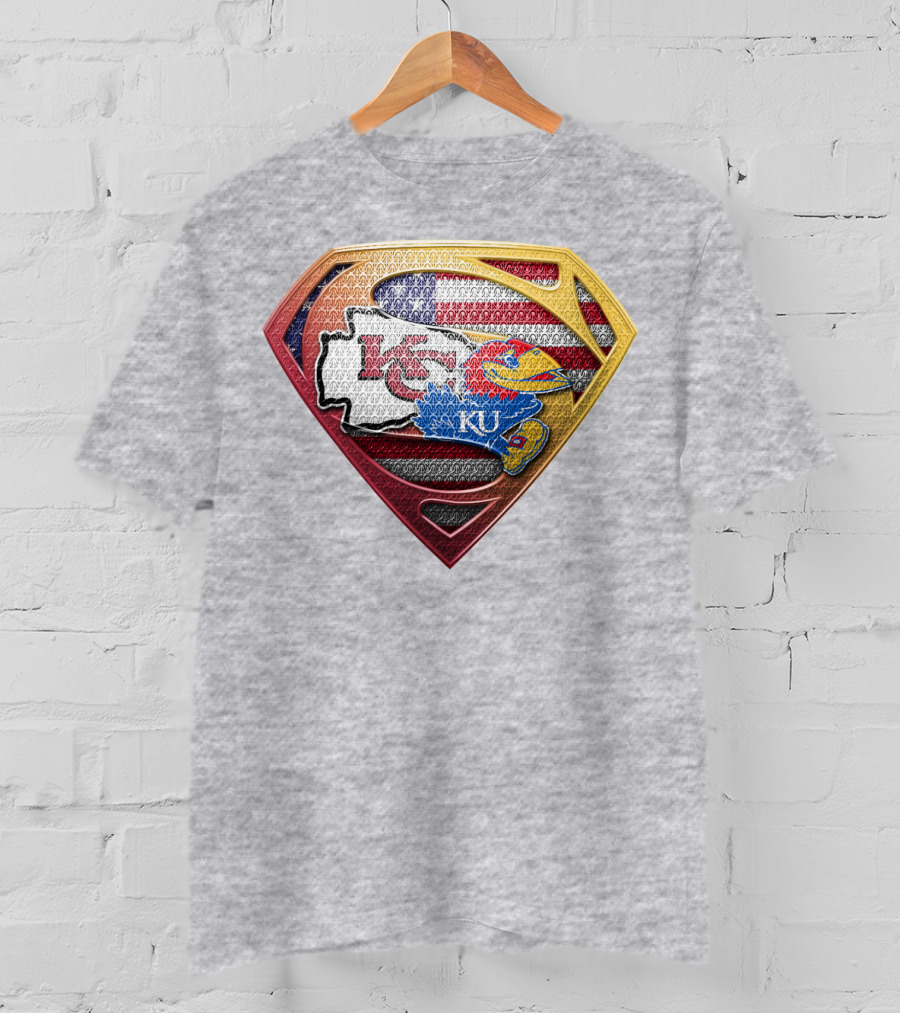 Ku Jayhawks Superman Logo With Kansas State Chiefs Flag T-Shirt