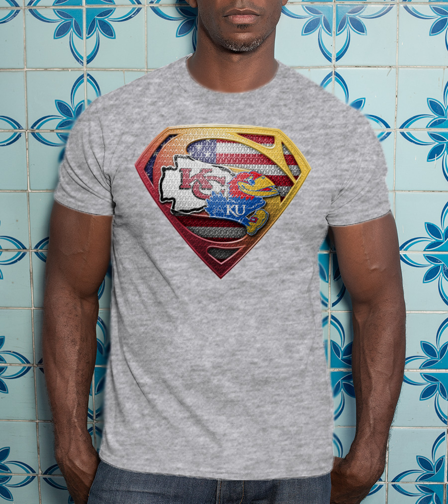 Ku Jayhawks Superman Logo With Kansas State Chiefs Flag T-Shirt