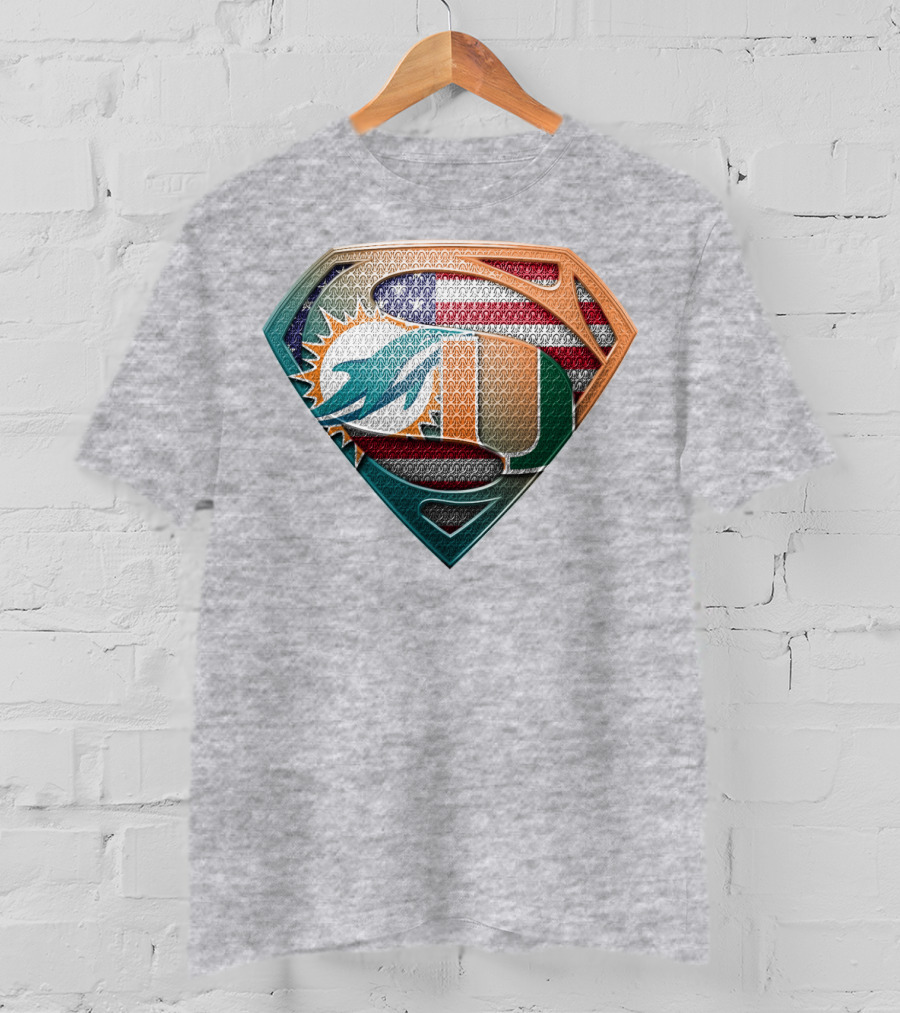 Miami Dolphins University Of Miami Superman Logo With American Flag T-Shirt