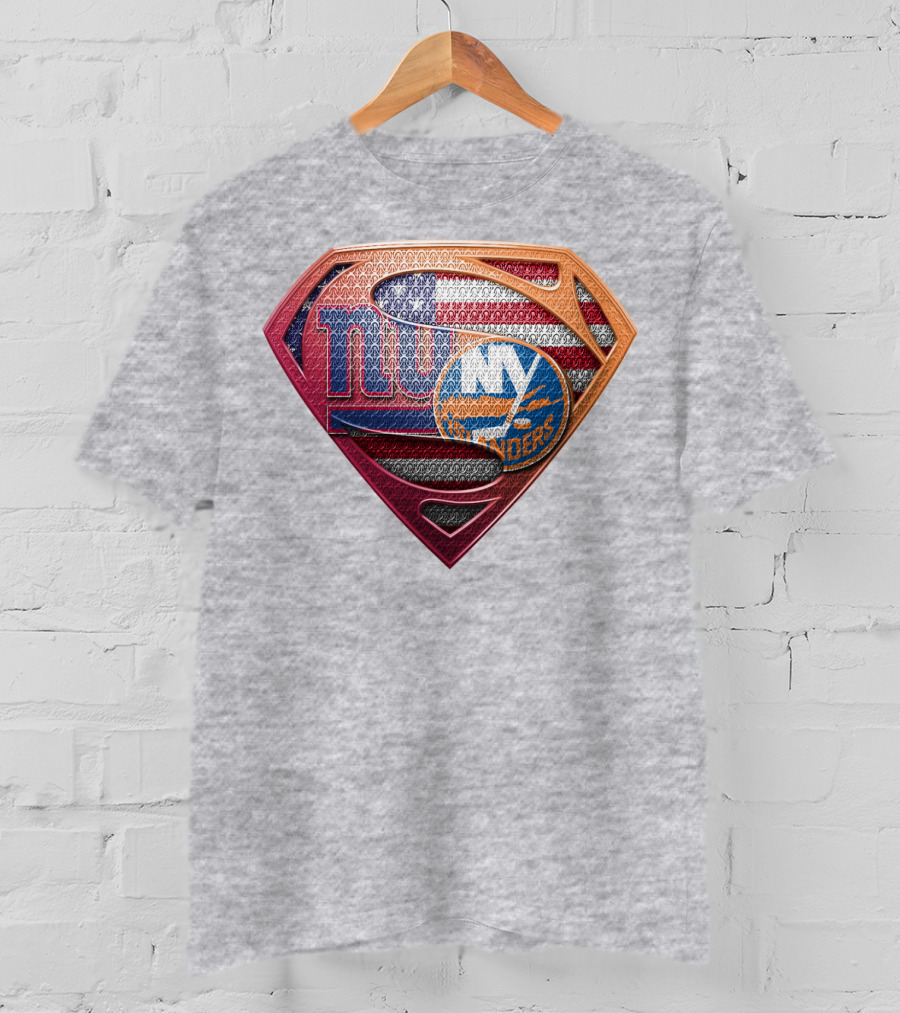 New York Giants Islanders Superman Shield American Flag T-Shirt