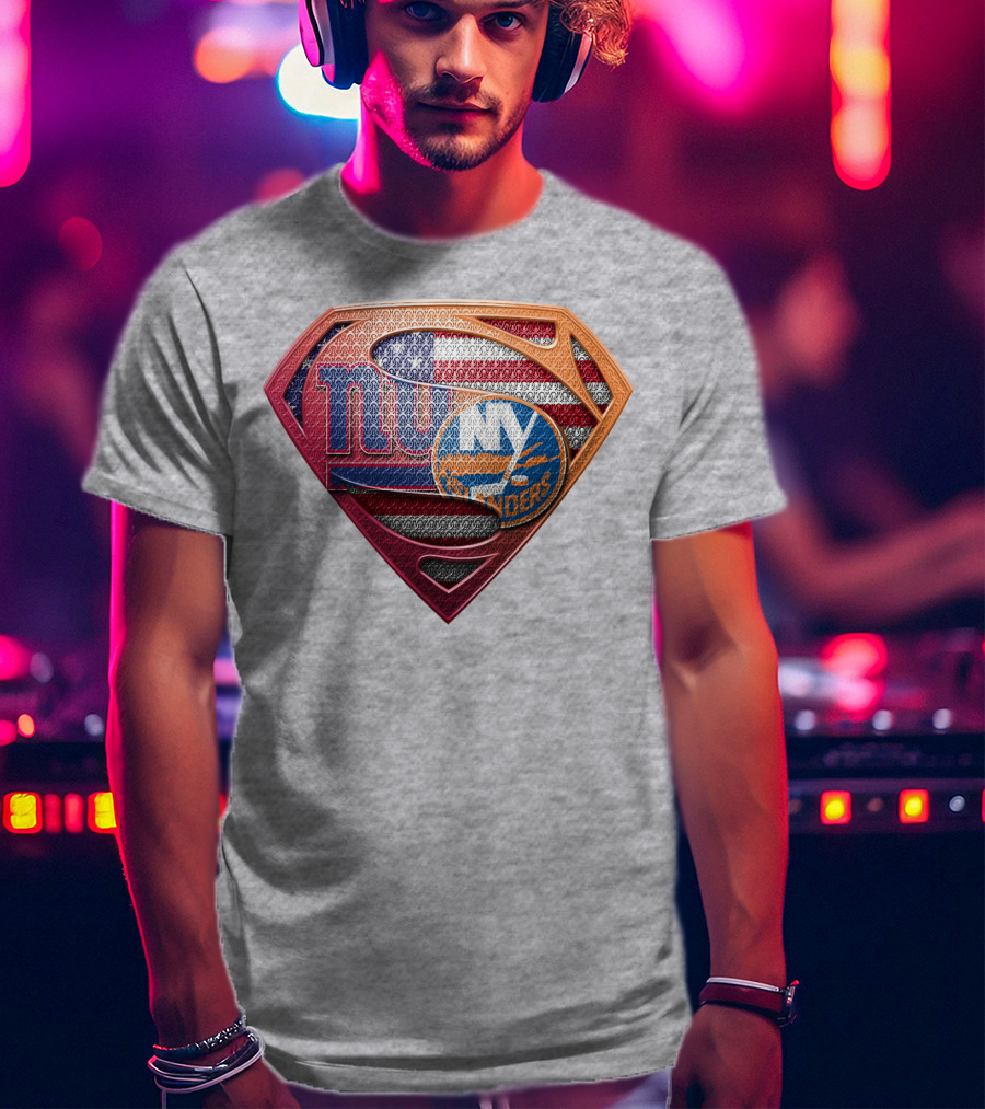New York Giants Islanders Superman Shield American Flag T-Shirt