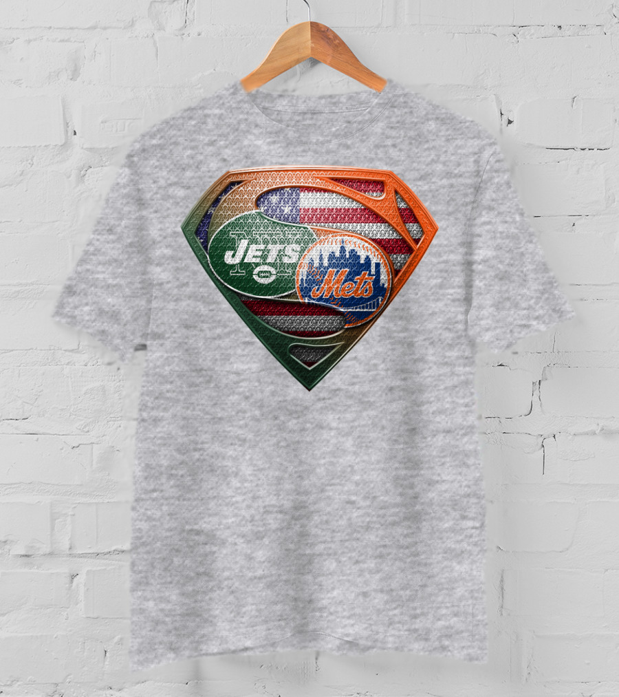 New York Jets Mets Logo With American Flag And Superman Shield T-Shirt