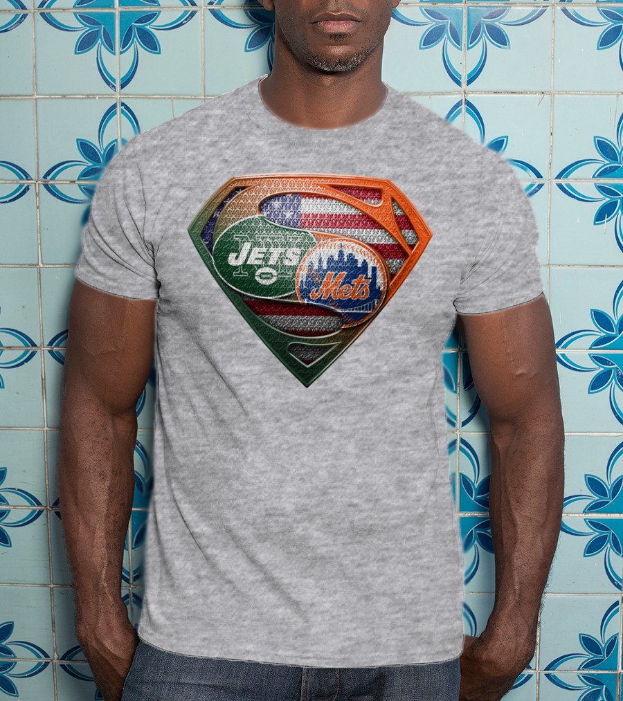 New York Jets Mets Logo With American Flag And Superman Shield T-Shirt