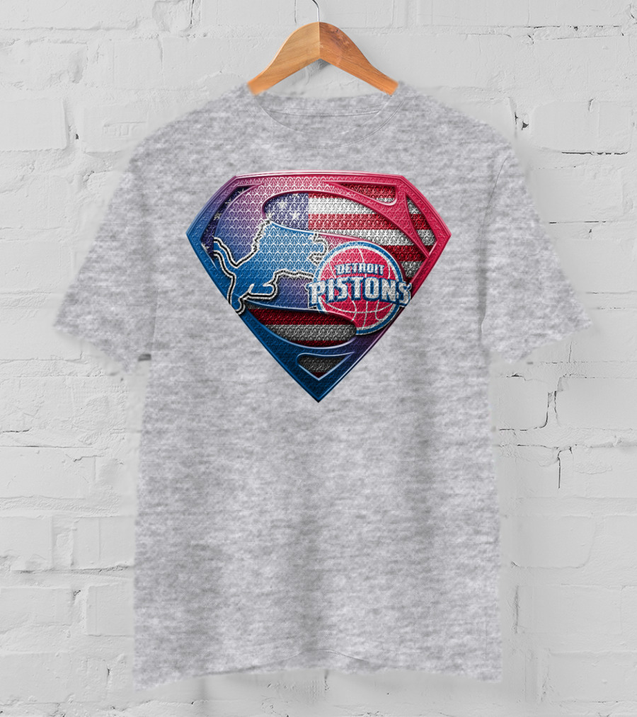 Detroit Pistons Lions Superman Logo Shaped Patch With American Flag T-Shirt