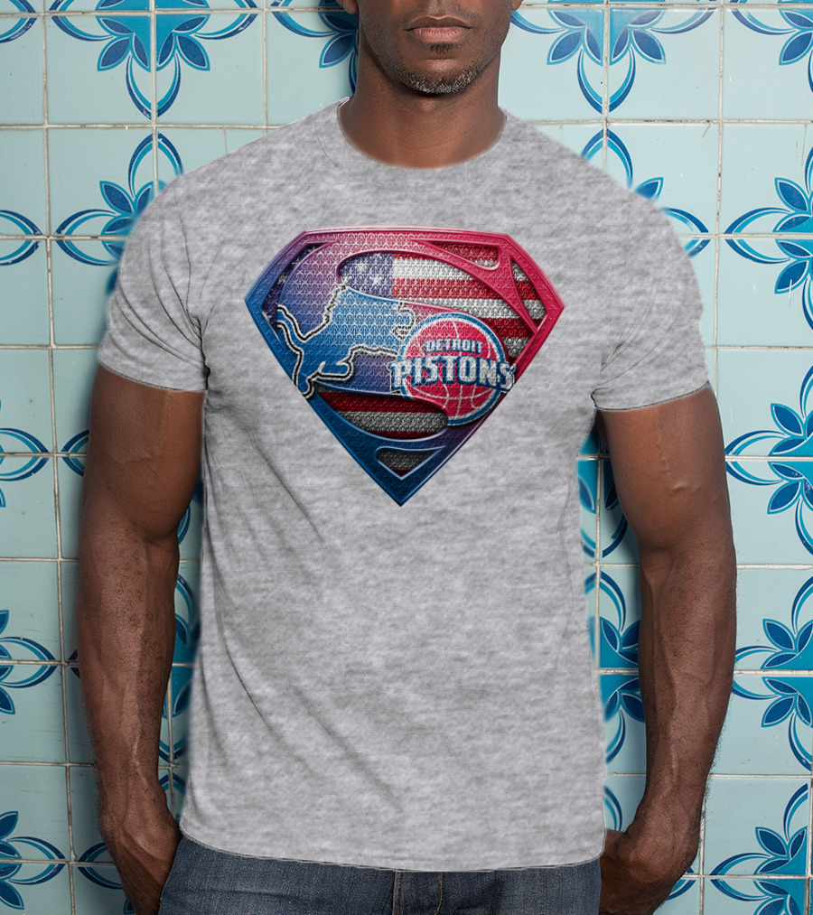 Detroit Pistons Lions Superman Logo Shaped Patch With American Flag T-Shirt