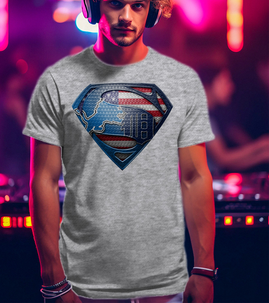 Detroit Lions American Flag Superhero Emblem T-Shirt