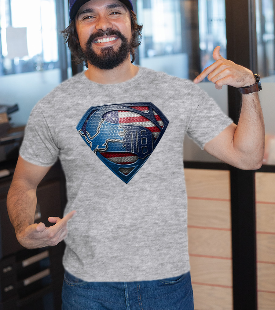Detroit Lions American Flag Superhero Emblem T-Shirt