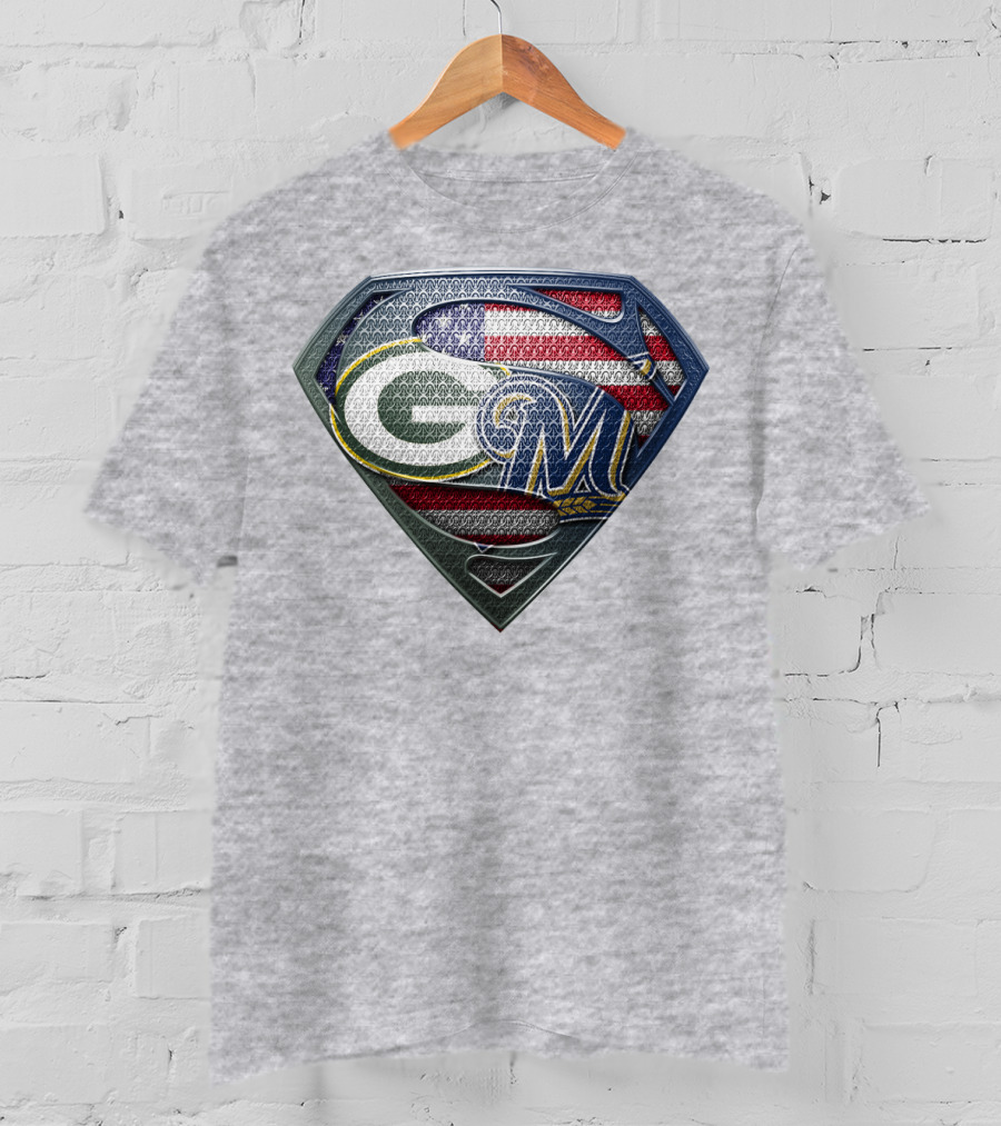 Green Bay Packers Milwaukee Brewers American Flag Superman T-Shirt
