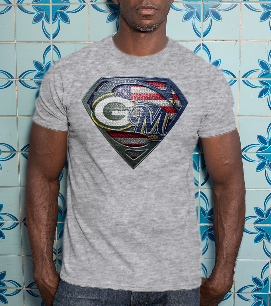 Green Bay Packers Milwaukee Brewers American Flag Superman T-Shirt