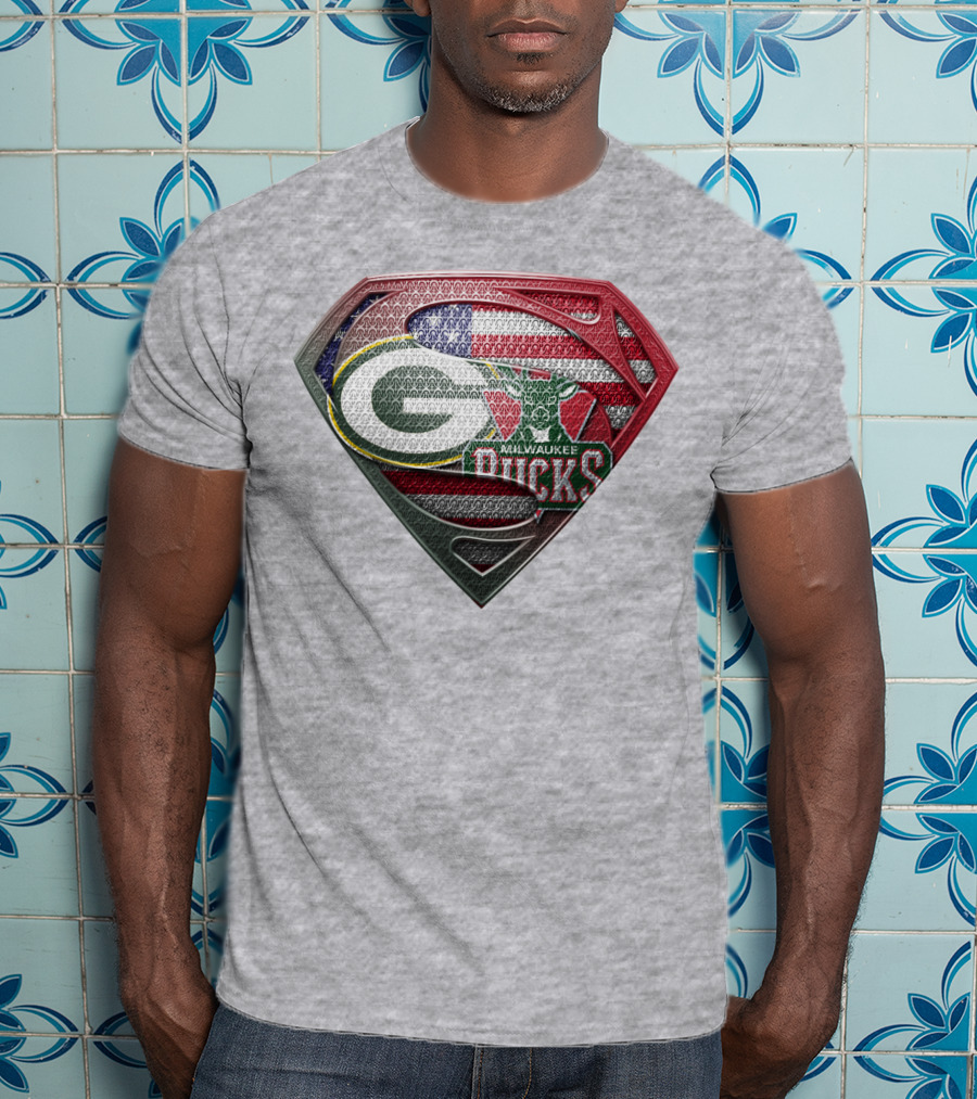 Green Bay Milwaukee Bucks Superman American Flag T-Shirt