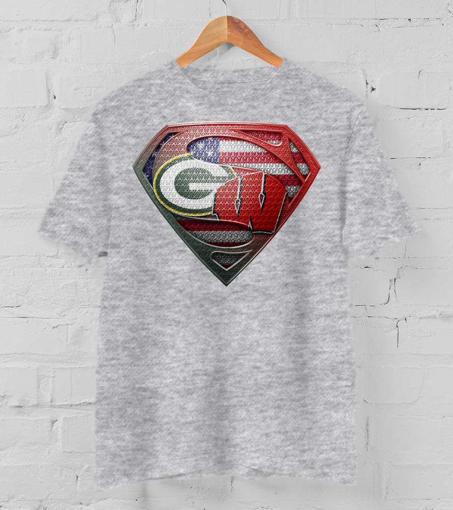 Green Bay Packers Wisconsin Badgers American Flag Superman Shield T-Shirt