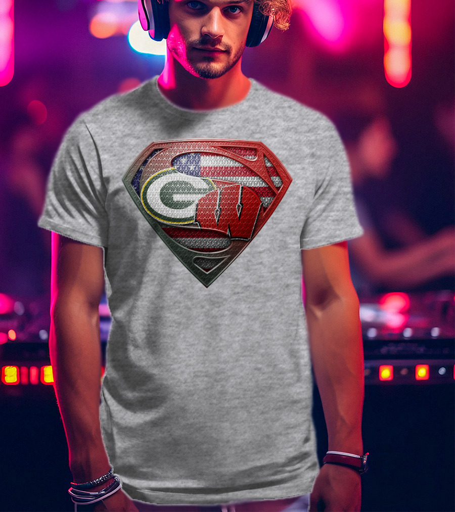 Green Bay Packers Wisconsin Badgers American Flag Superman Shield T-Shirt