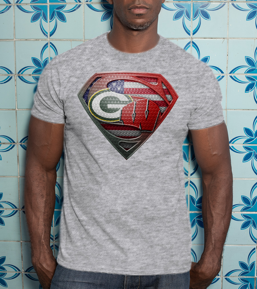 Green Bay Packers Wisconsin Badgers American Flag Superman Shield T-Shirt