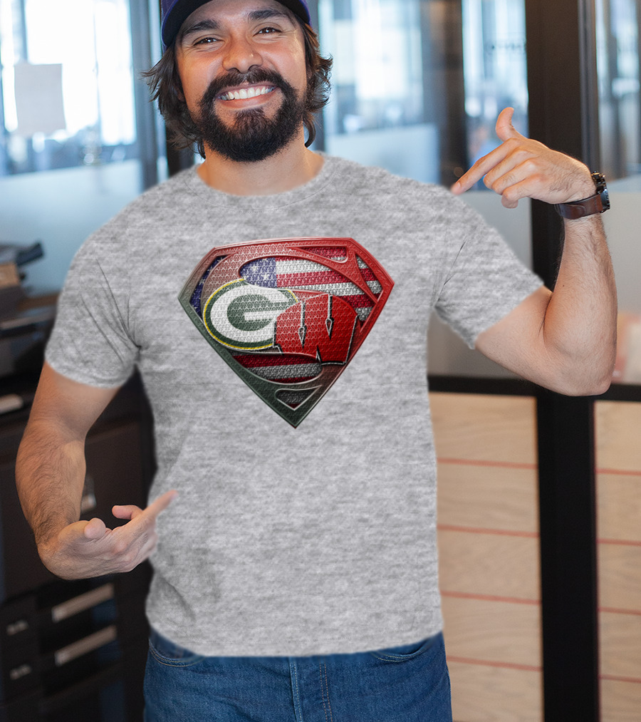 Green Bay Packers Wisconsin Badgers American Flag Superman Shield T-Shirt