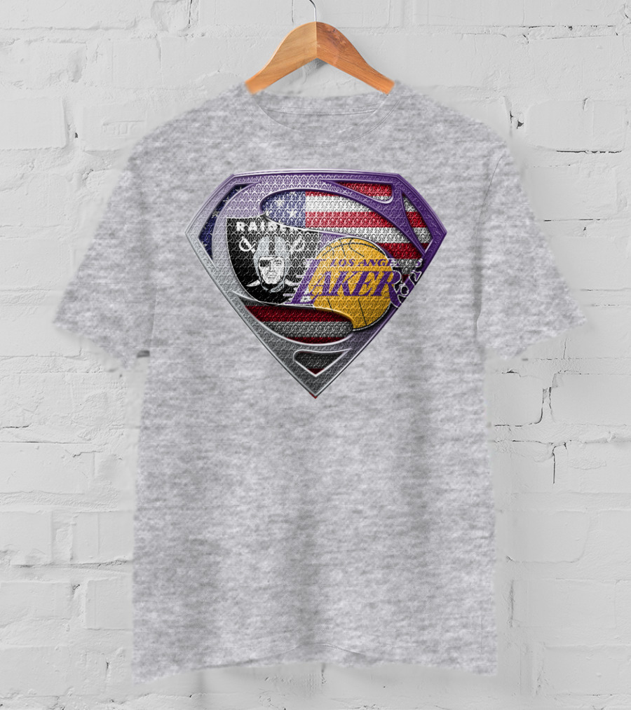Los Angeles Lakers Raiders American Flag Superman Shield T-Shirt