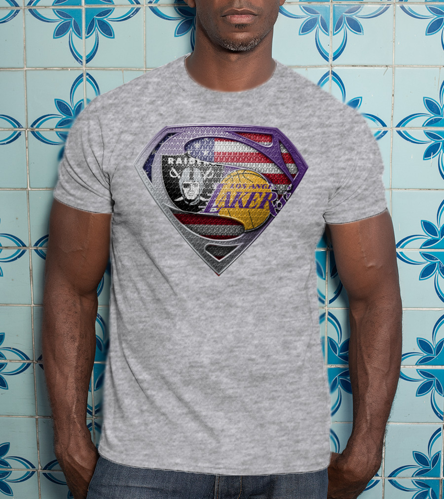 Los Angeles Lakers Raiders American Flag Superman Shield T-Shirt