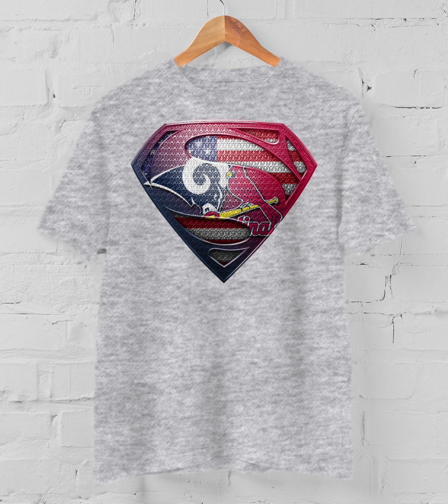Superman Logo With St. Louis Rams And Cardinals Nfl And Mlb Team Fusion T-Shirt
