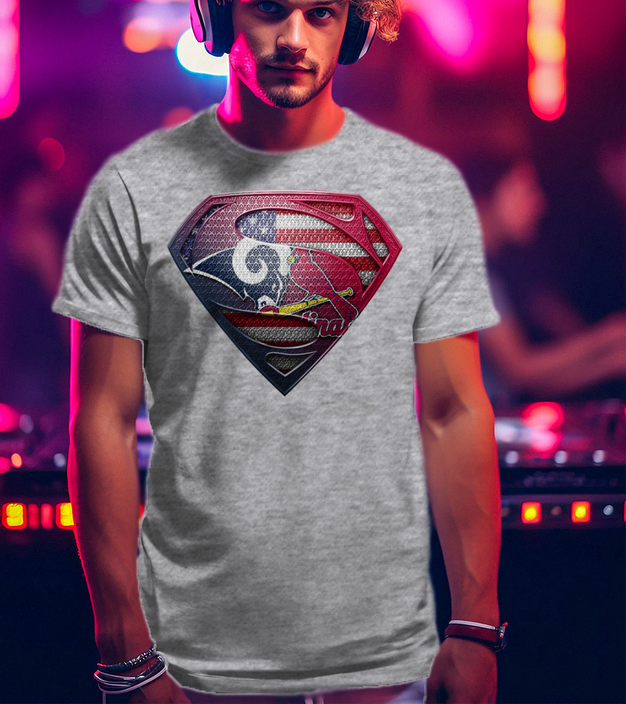 Superman Logo With St. Louis Rams And Cardinals Nfl And Mlb Team Fusion T-Shirt