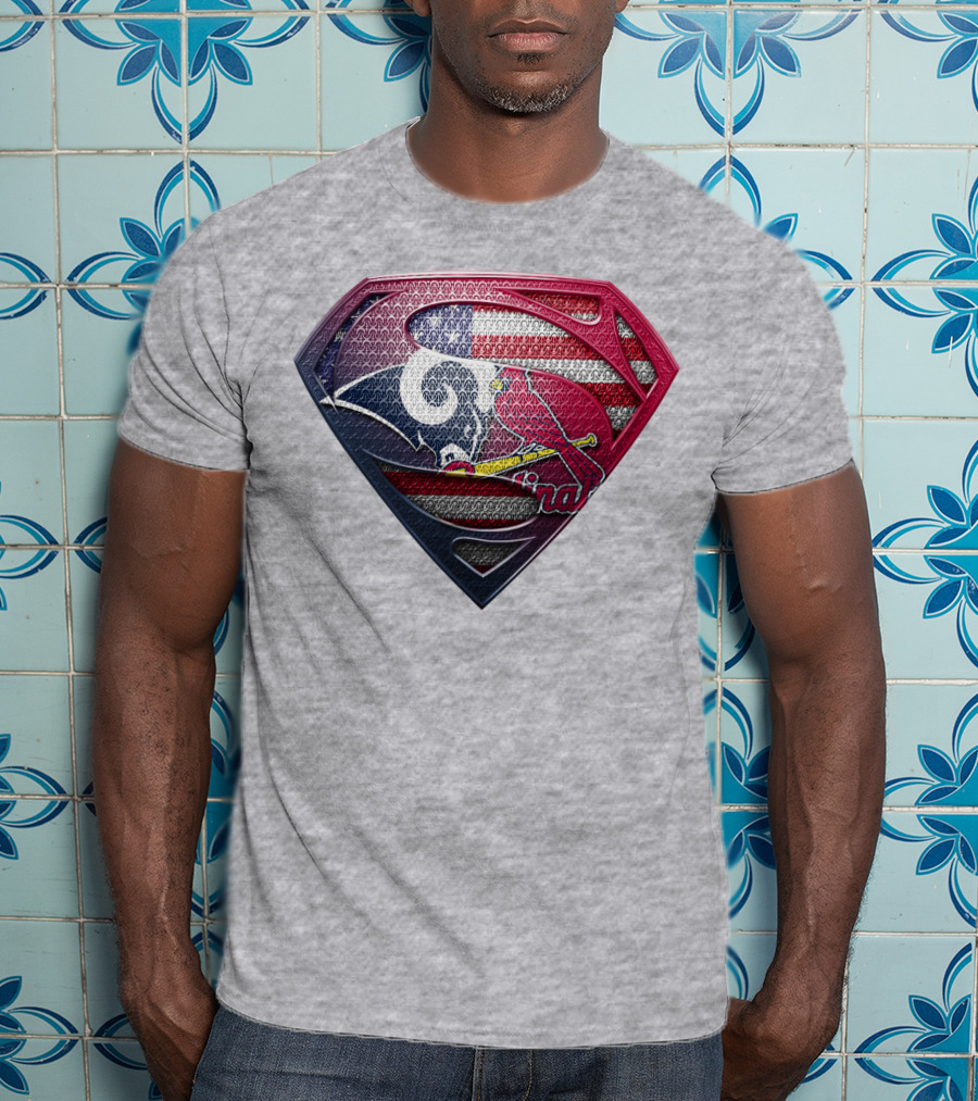 Superman Logo With St. Louis Rams And Cardinals Nfl And Mlb Team Fusion T-Shirt