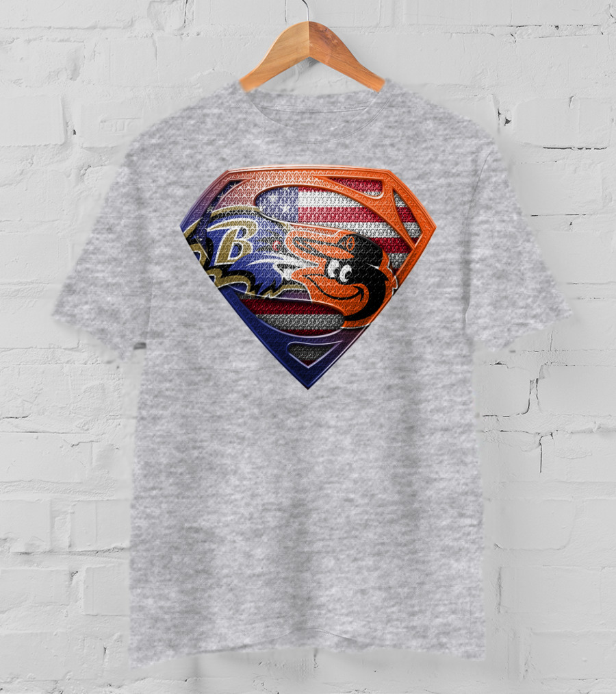 Baltimore Ravens Orioles American Flag Superman Shield T-Shirt