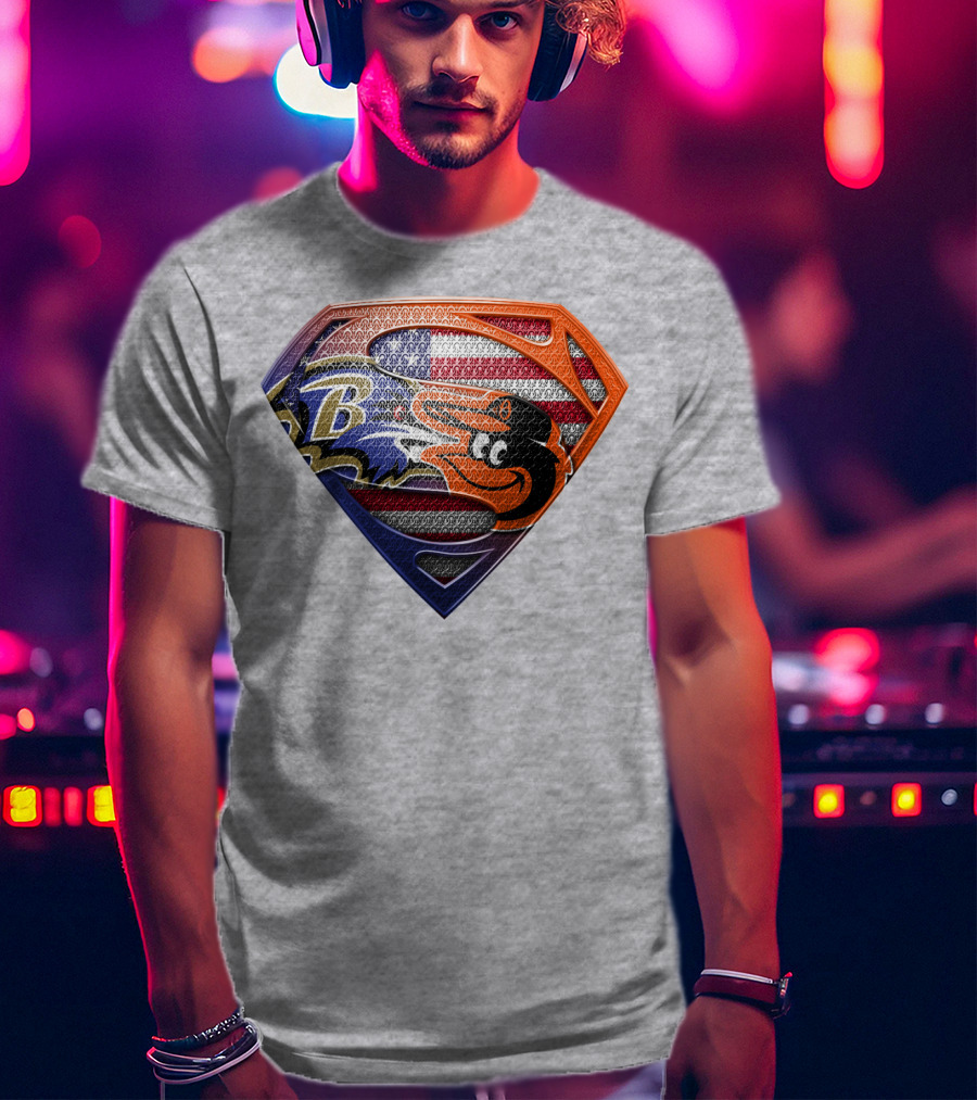 Baltimore Ravens Orioles American Flag Superman Shield T-Shirt