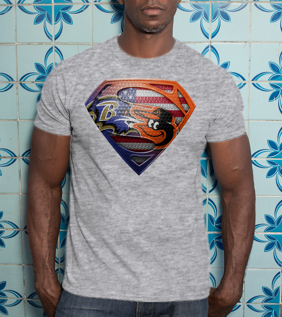 Baltimore Ravens Orioles American Flag Superman Shield T-Shirt