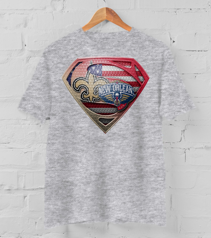 Superman Shield New Orleans Saints Pelicans American Flag T-Shirt