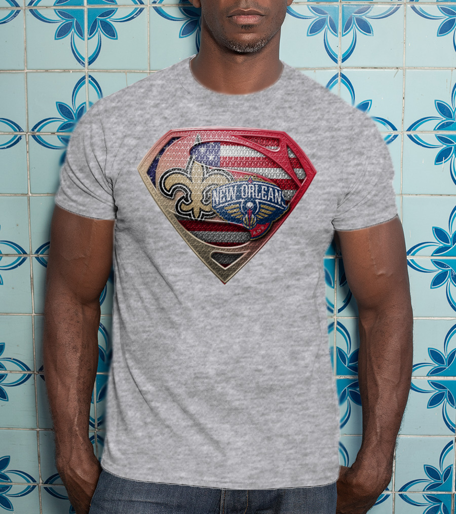 Superman Shield New Orleans Saints Pelicans American Flag T-Shirt