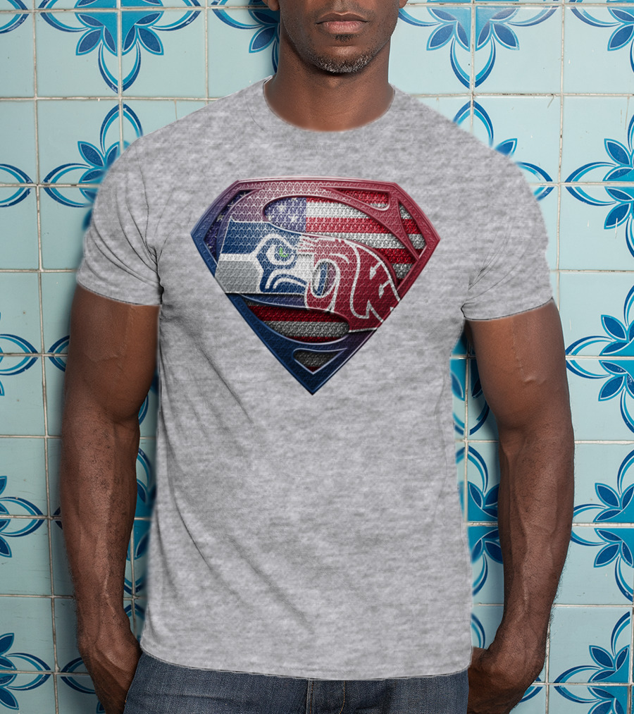 Seahawks Cougars Superman Shield Usa Flag T-Shirt