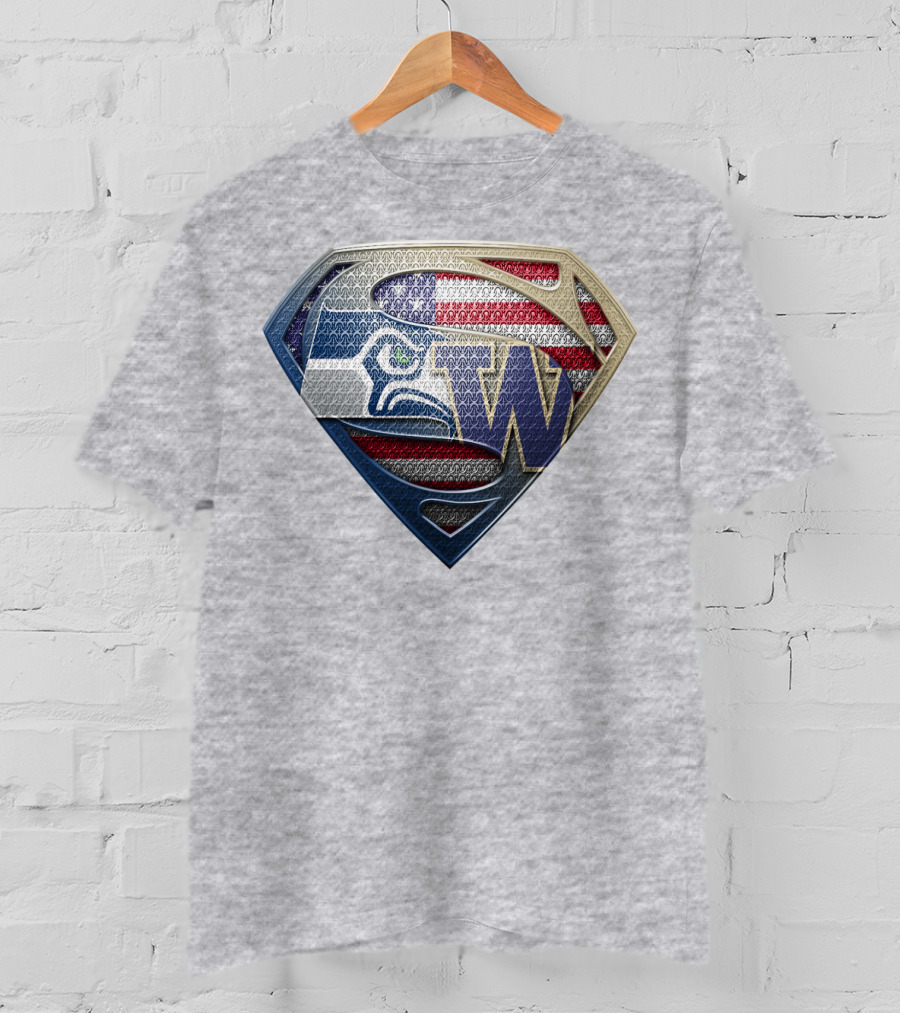 Superman Logo Seahawks W American Flag Hybrid T-Shirt
