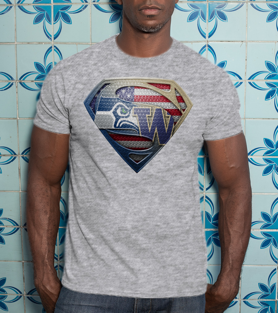 Superman Logo Seahawks W American Flag Hybrid T-Shirt