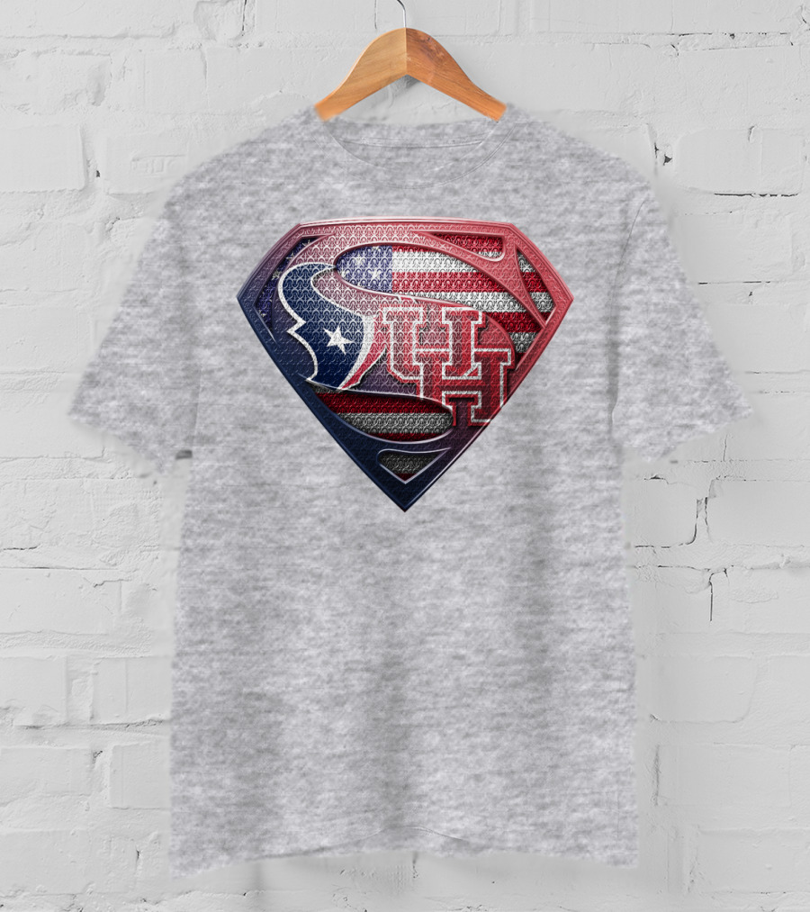 Houston Texans And University Of Houston Super Shield With American Flag T-Shirt