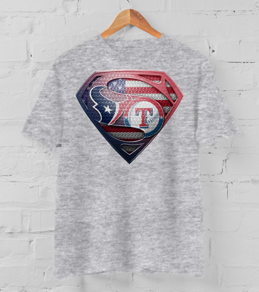 Superman Shield Houston Texans And Texas Rangers American Flag T-Shirt