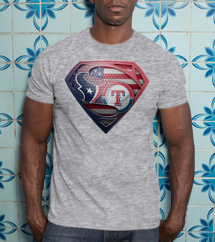 Superman Shield Houston Texans And Texas Rangers American Flag T-Shirt
