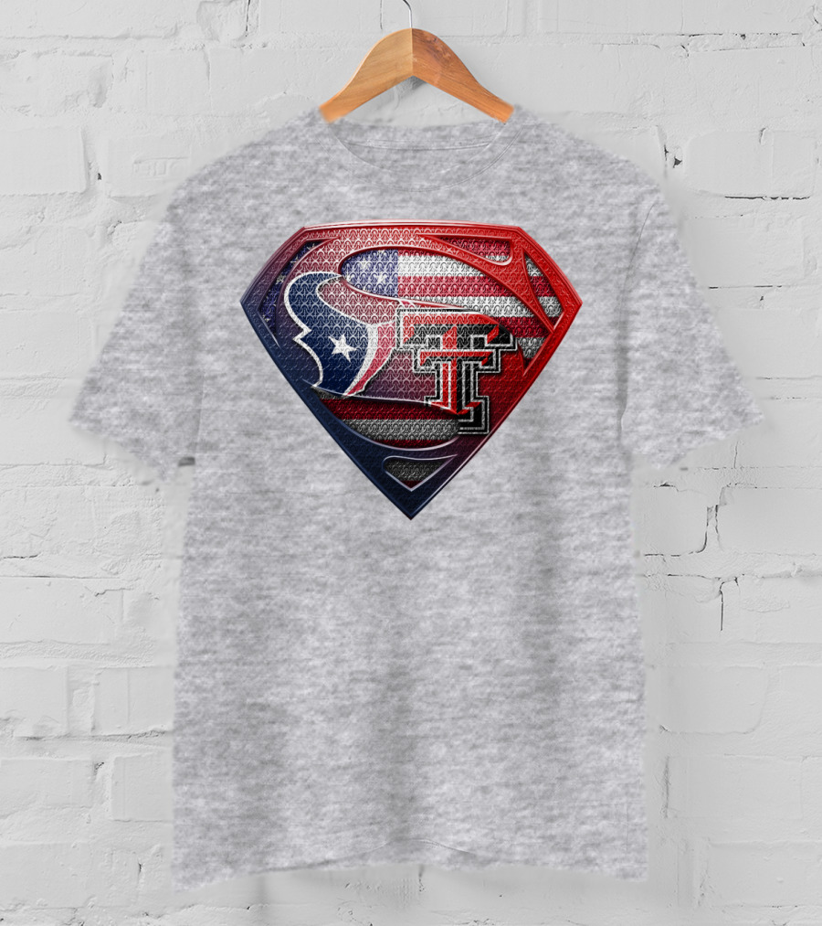 Superman Shield Texas Tech Red Raiders Houston Texans Usa Flag T-Shirt