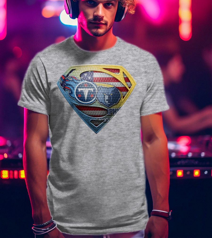 Tennessee Titans And Memphis Grizzlies Superman Shield American Flag T-Shirt