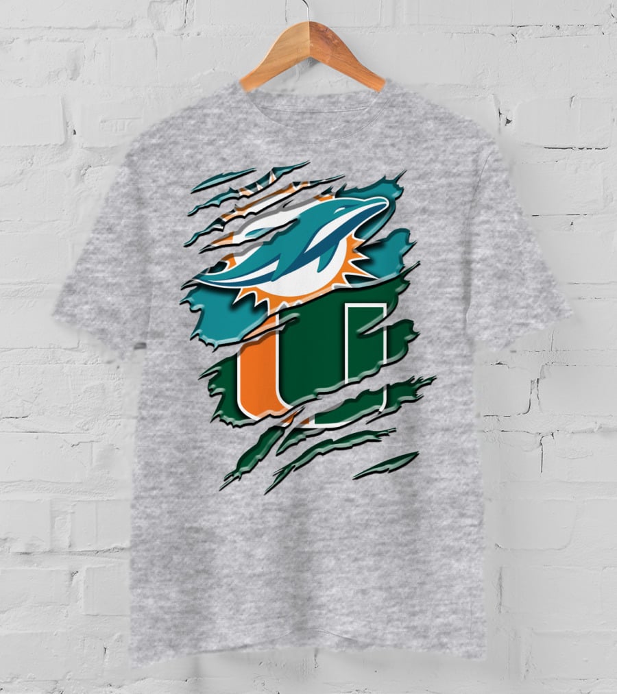 Miami Dolphins And University Of Miami Hurricanes Torn Design Rah 052 T-Shirt