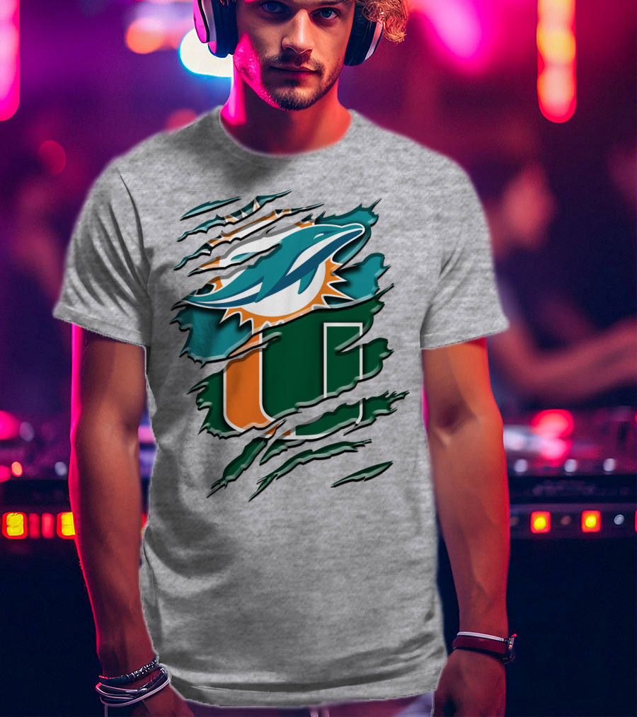Miami Dolphins And University Of Miami Hurricanes Torn Design Rah 052 T-Shirt