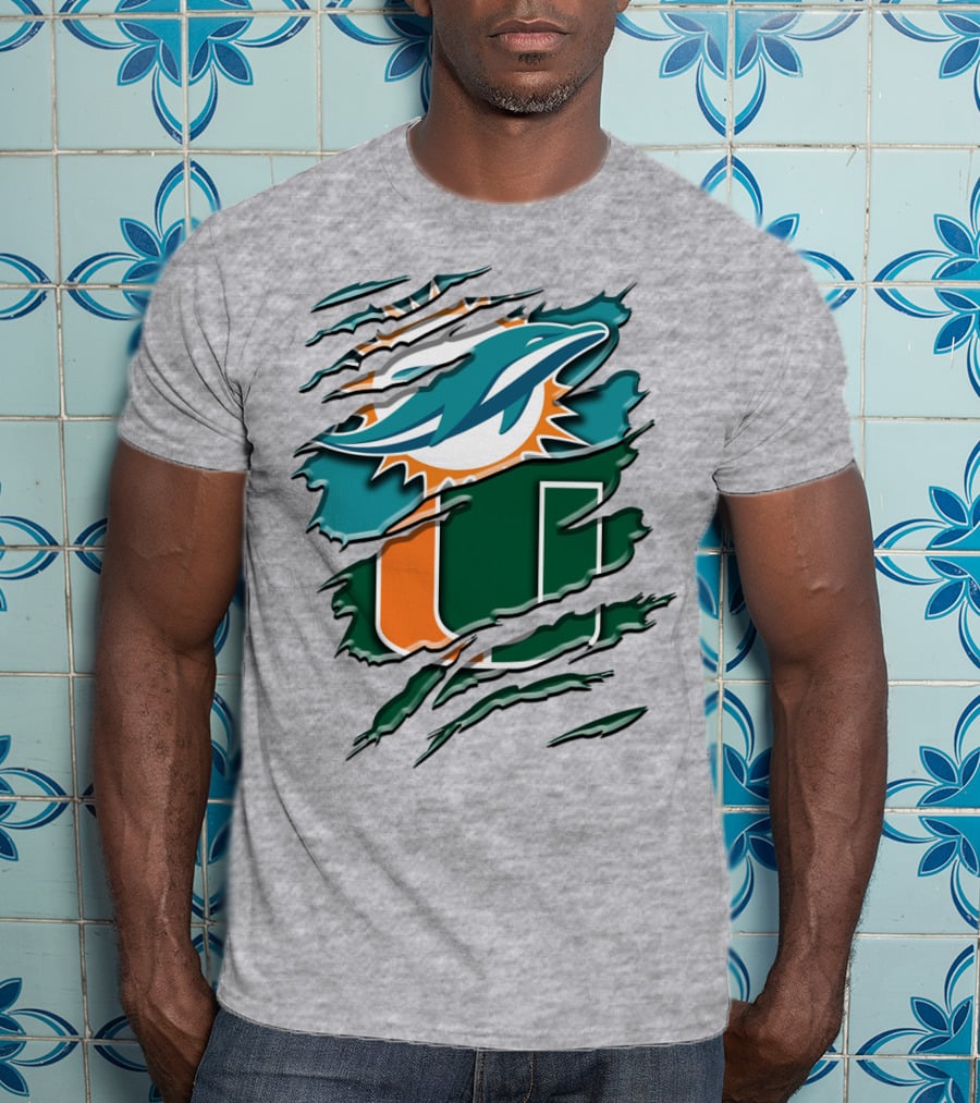 Miami Dolphins And University Of Miami Hurricanes Torn Design Rah 052 T-Shirt