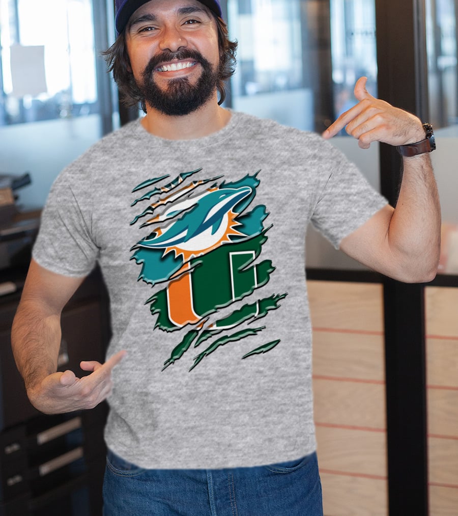 Miami Dolphins And University Of Miami Hurricanes Torn Design Rah 052 T-Shirt