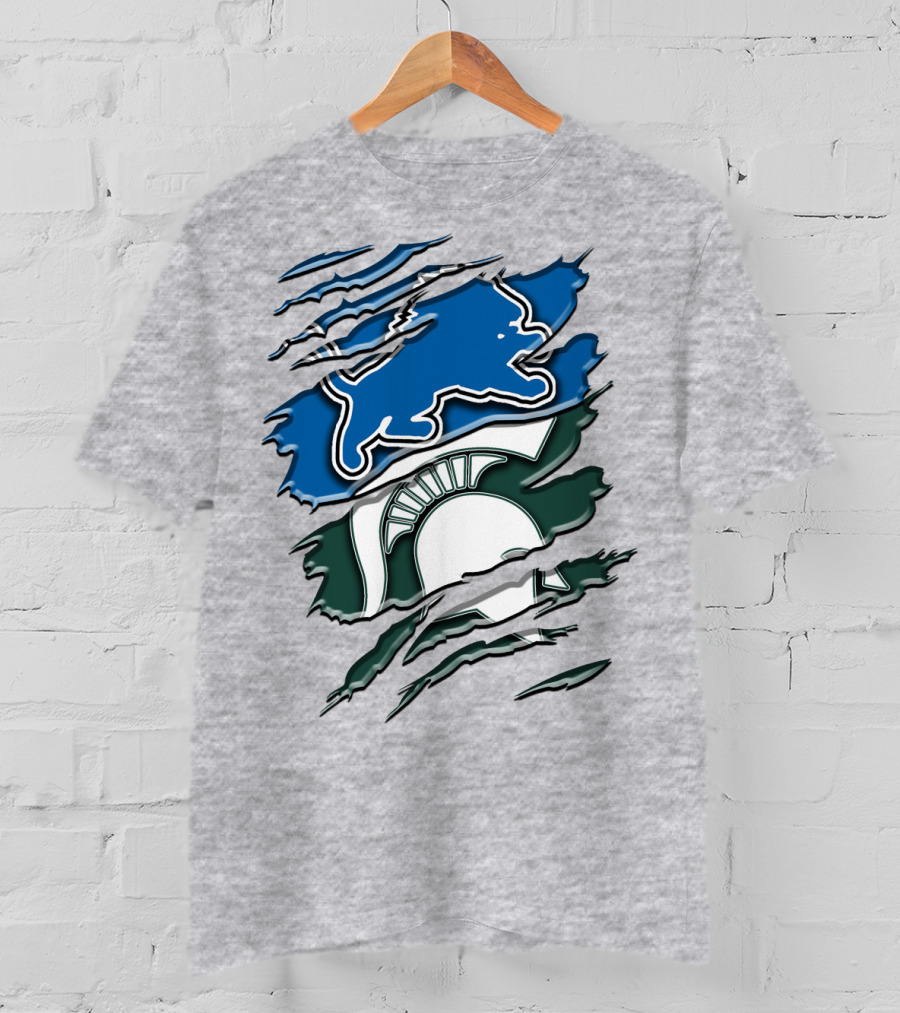 Detroit Lions Michigan State Spartans Ripped Claw Scratch Design Rah 076 T-Shirt