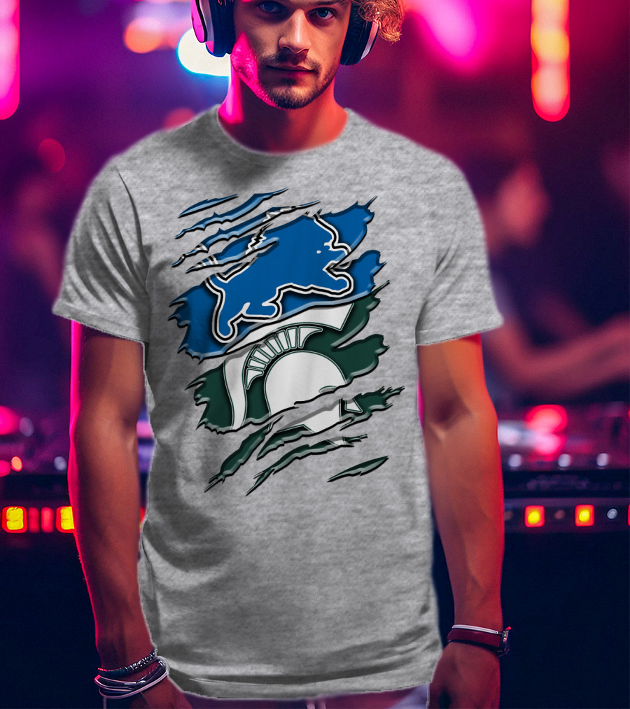 Detroit Lions Michigan State Spartans Ripped Claw Scratch Design Rah 076 T-Shirt