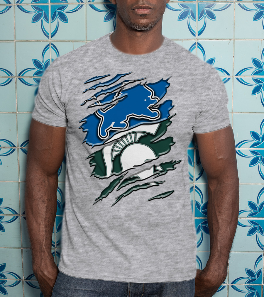 Detroit Lions Michigan State Spartans Ripped Claw Scratch Design Rah 076 T-Shirt